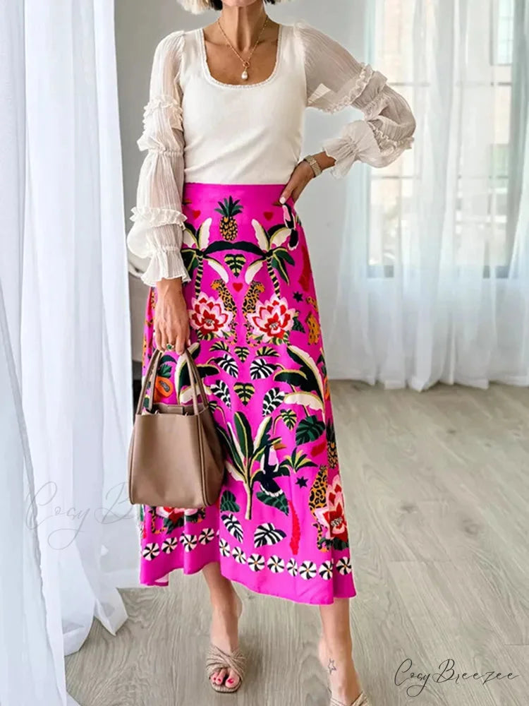 Printed A-Line Skirt Plants Flowers Zipper Spring Summer Fashion Skirt skirt-250126