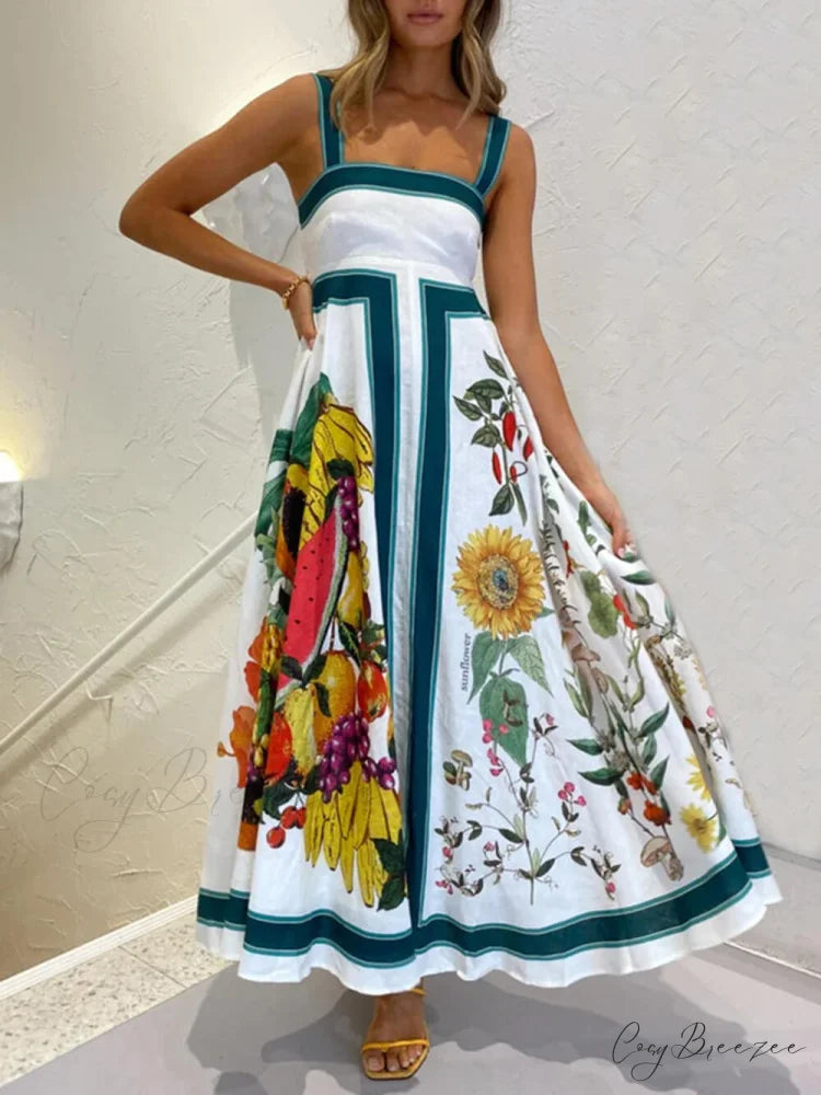 Printed Backless Halter Charming Hem Loose Dresses