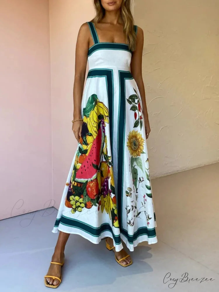 Printed Backless Halter Charming Hem Loose Dresses