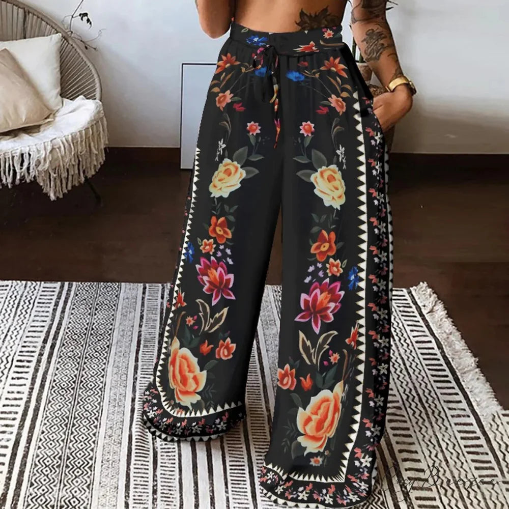 Printed Boho Beach Long Pants Black / S pants-241228