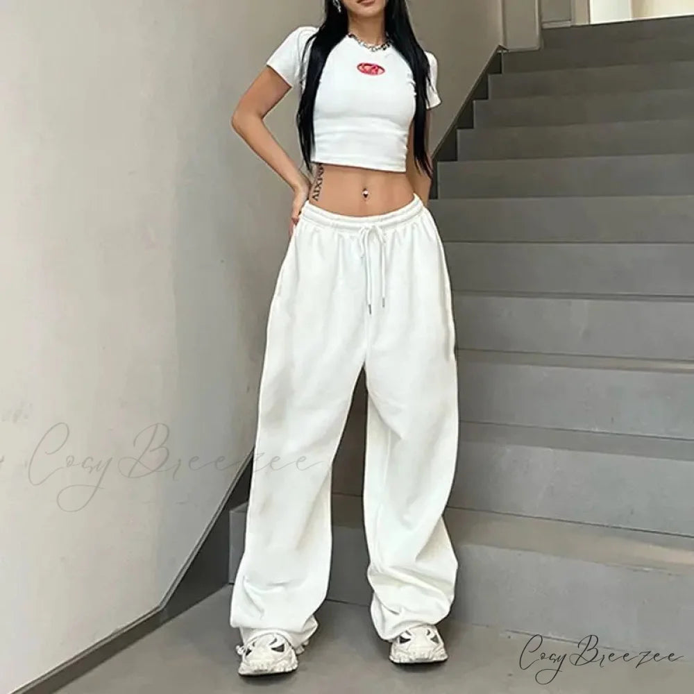 Printed Drawstring Athletic Relaxed Pants White 1 / S (38-45KG) pants-241228