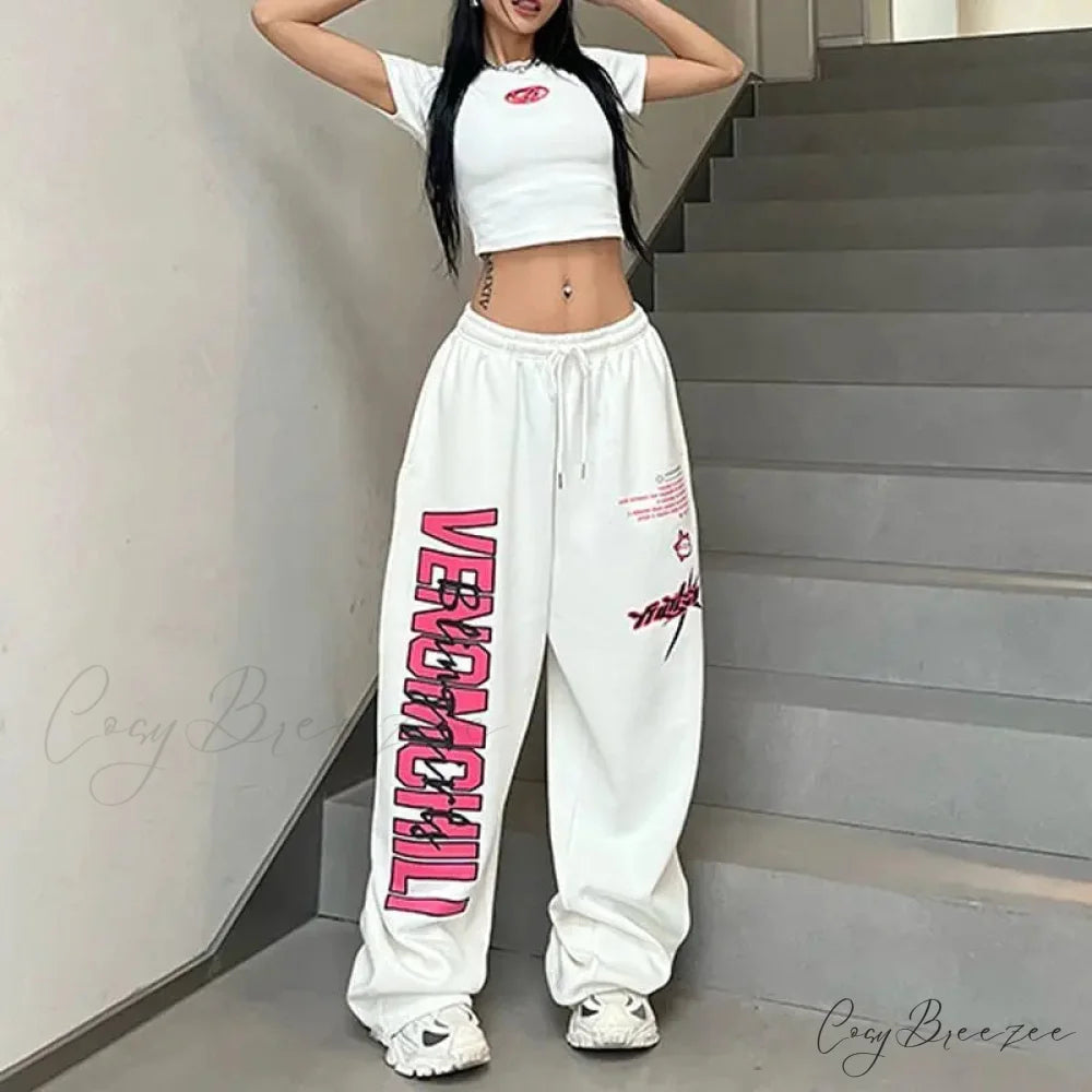 Printed Drawstring Athletic Relaxed Pants White 2 / S (38-45KG) pants-241228
