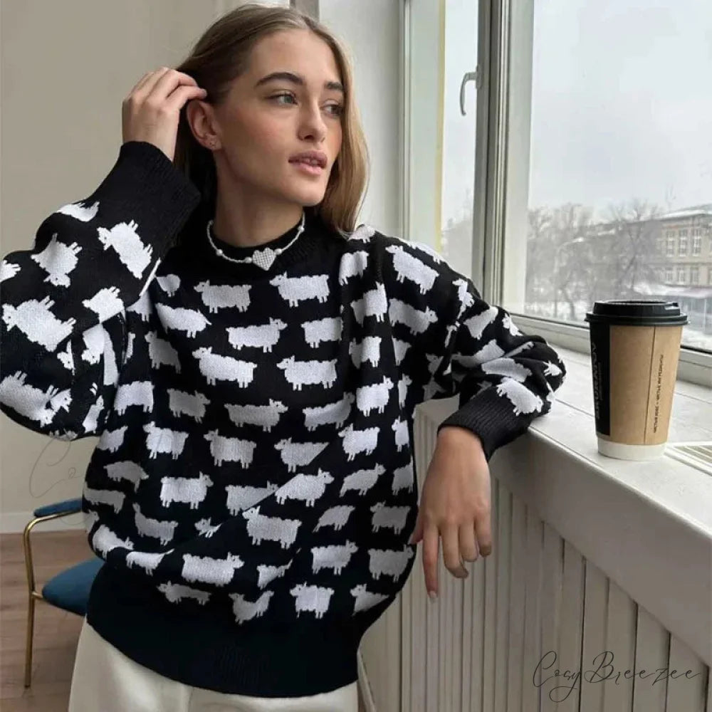 Printed Round Neck Casual Long Sleeve Sweater Black / S swraters-241228