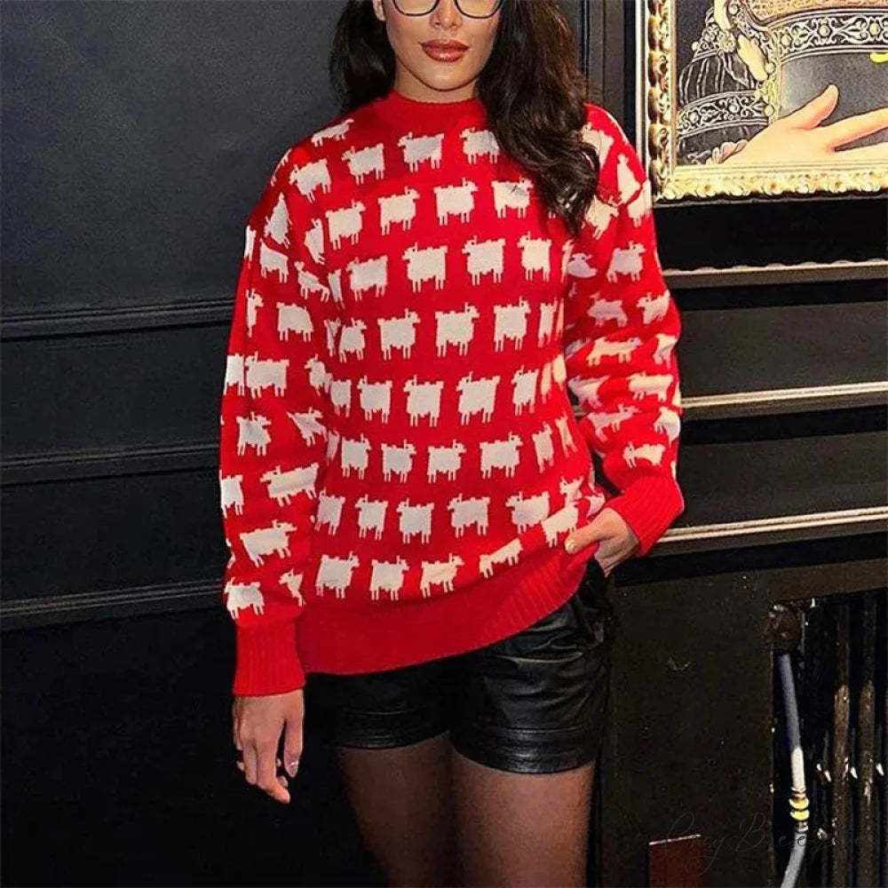 Printed Round Neck Casual Long Sleeve Sweater Red / S swraters-241228