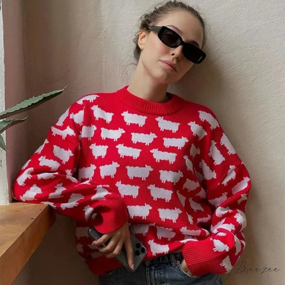 Printed Round Neck Casual Long Sleeve Sweater swraters-241228
