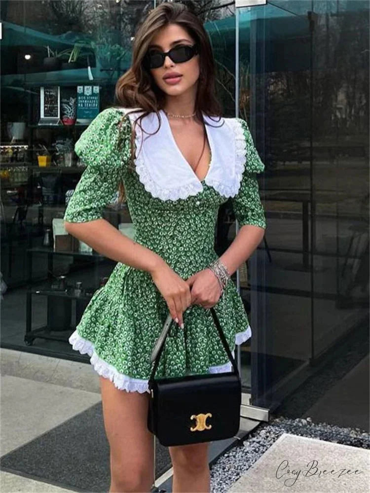 Printed Short Sleeve Mini Dress Green / S minidress-250223