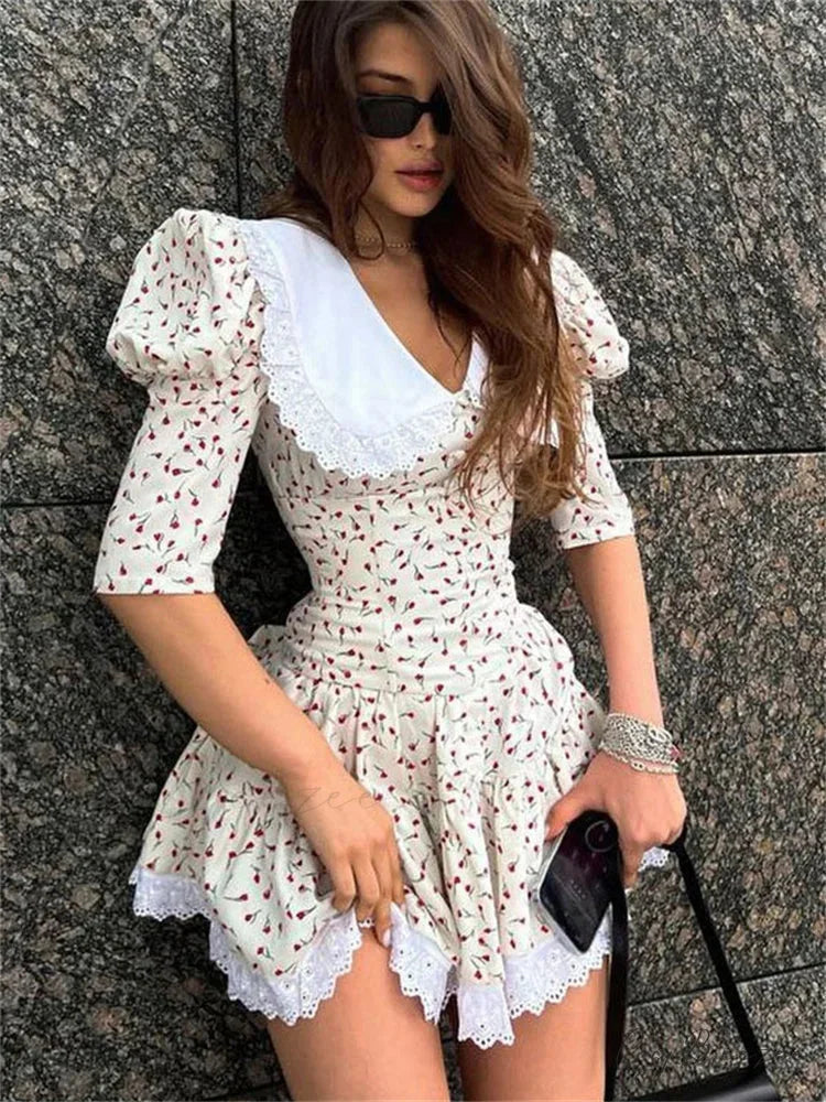 Printed Short Sleeve Mini Dress WHITE / S minidress-250223