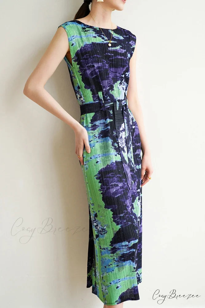Printed Sleeveless Dress with Side Slit and Full Pleats Green / One Size