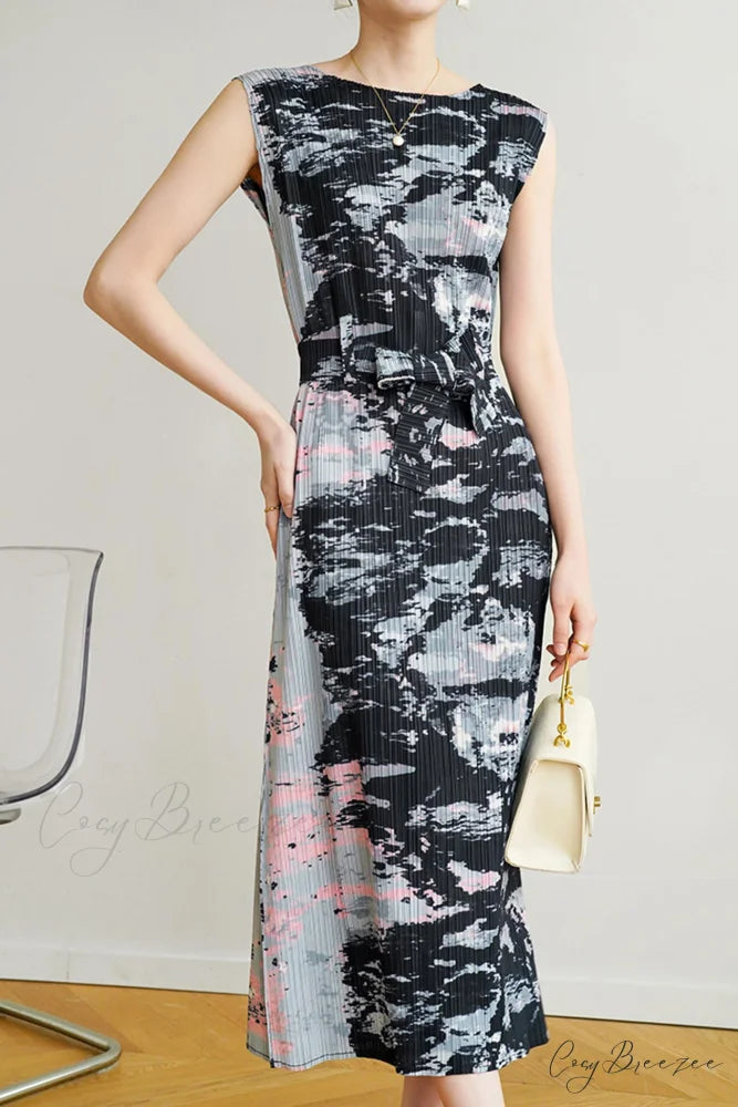 Printed Sleeveless Dress with Side Slit and Full Pleats Grey / One Size