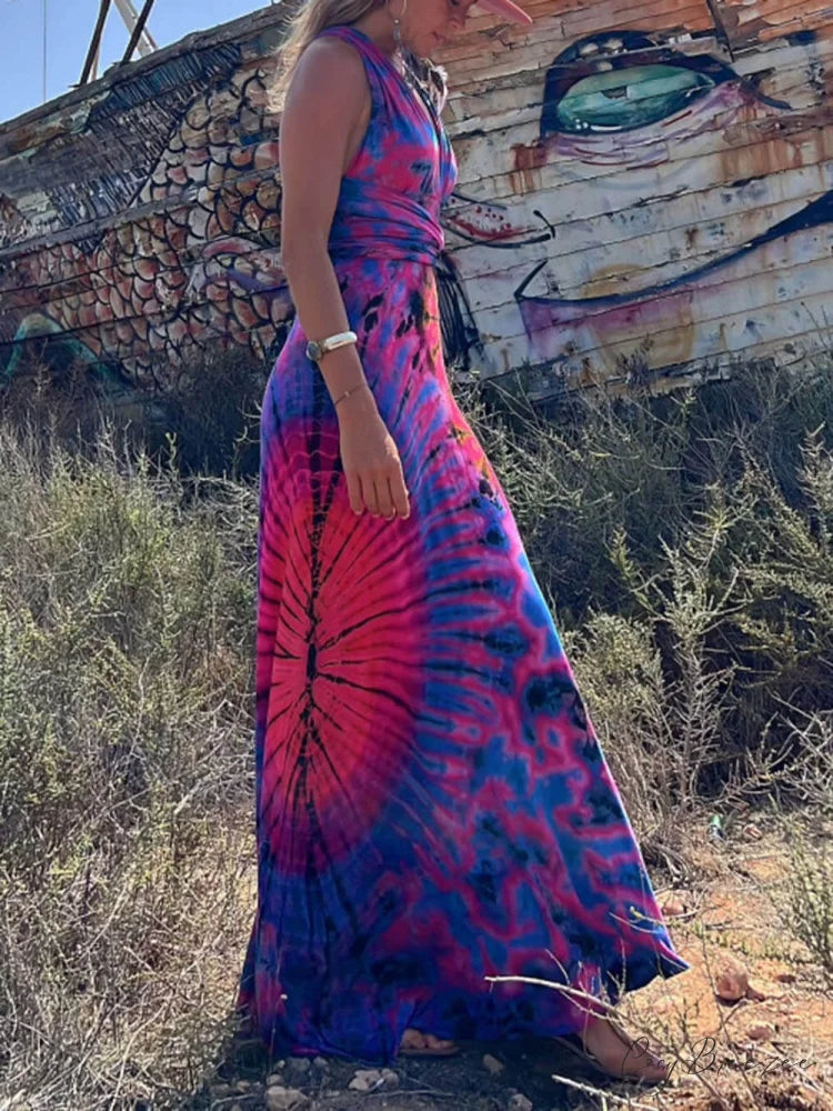 Printed Sleeveless Stylish V-Neck Maxi Dress