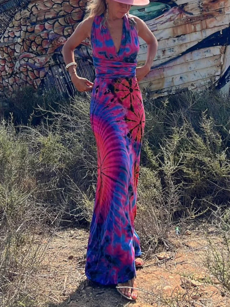 Printed Sleeveless Stylish V-Neck Maxi Dress Dark Blue / S