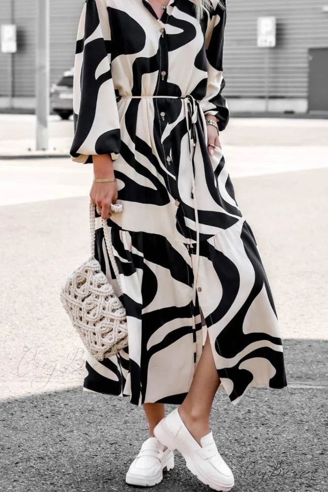 Printed Strappy Shirt Dress with Contrast Black / M