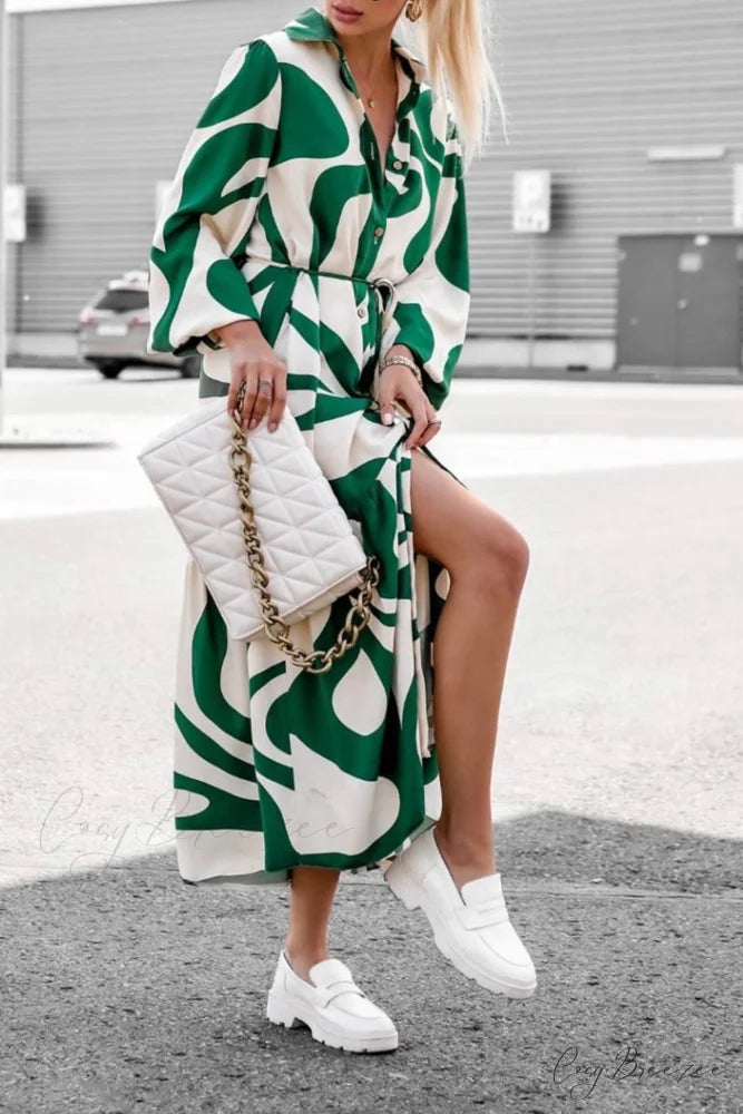 Printed Strappy Shirt Dress with Contrast Green / M