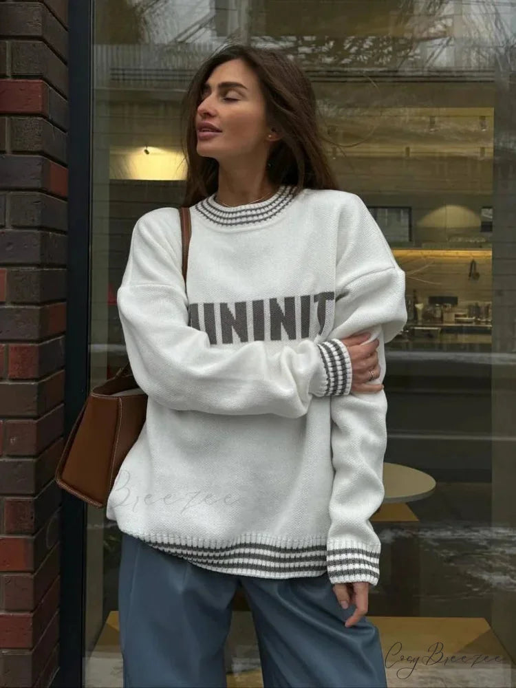 Printed Striped Cozy Stylish Loose Round Neck Comfortable Trendy Autumn Sweater