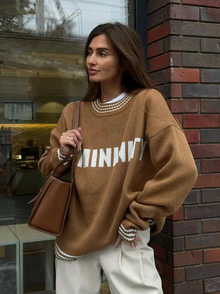 Printed Striped Cozy Stylish Loose Round Neck Comfortable Trendy Autumn Sweater