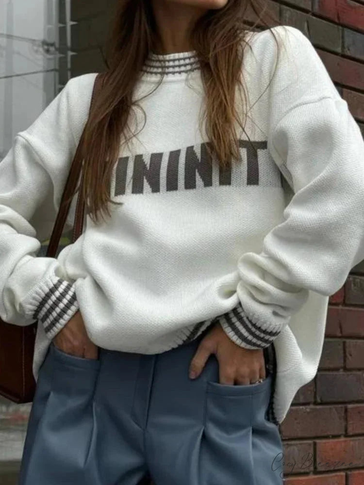 Printed Striped Cozy Stylish Loose Round Neck Comfortable Trendy Autumn Sweater