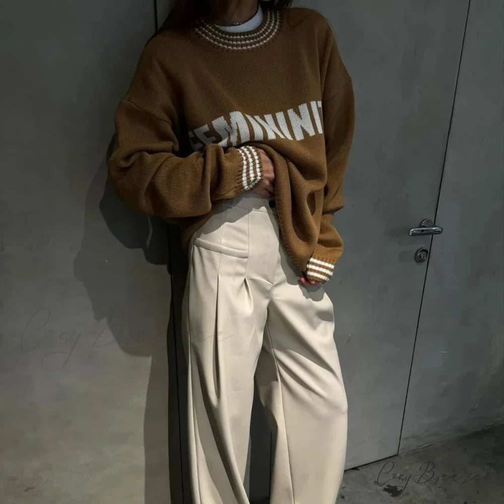 Printed Striped Cozy Stylish Loose Round Neck Comfortable Trendy Autumn Sweater BROWN / S