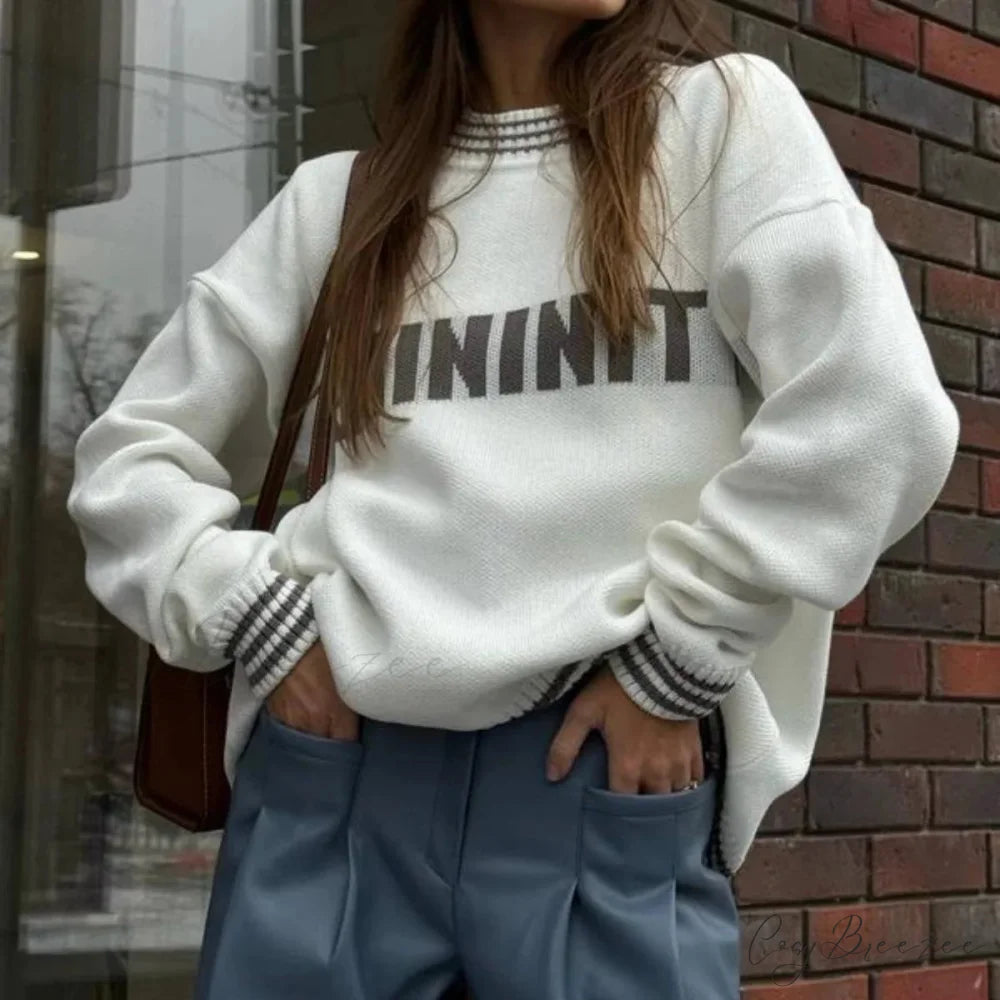 Printed Striped Cozy Stylish Loose Round Neck Comfortable Trendy Autumn Sweater White / S
