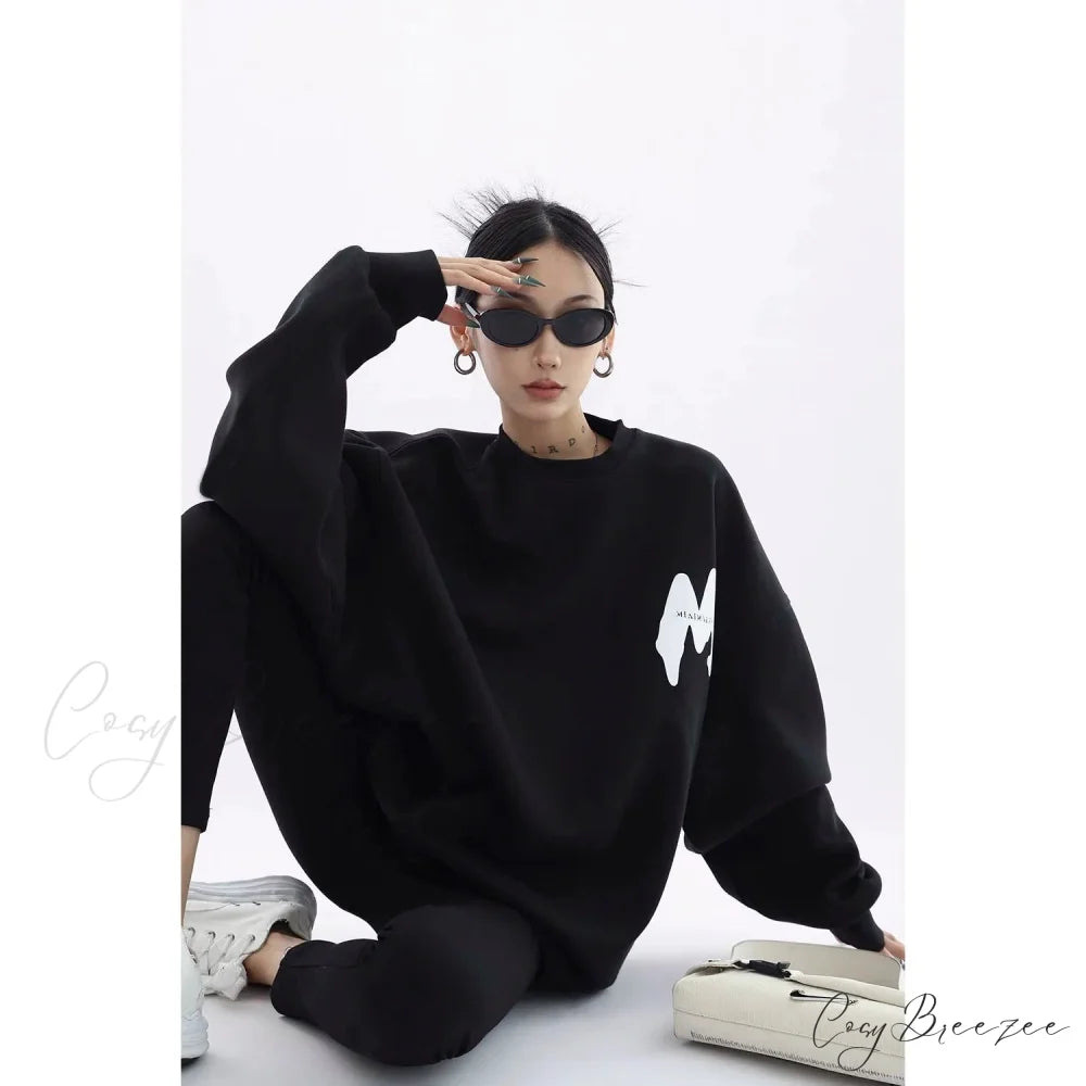 Printed Trendy Loose Casual Cozy Hoodie Black / M