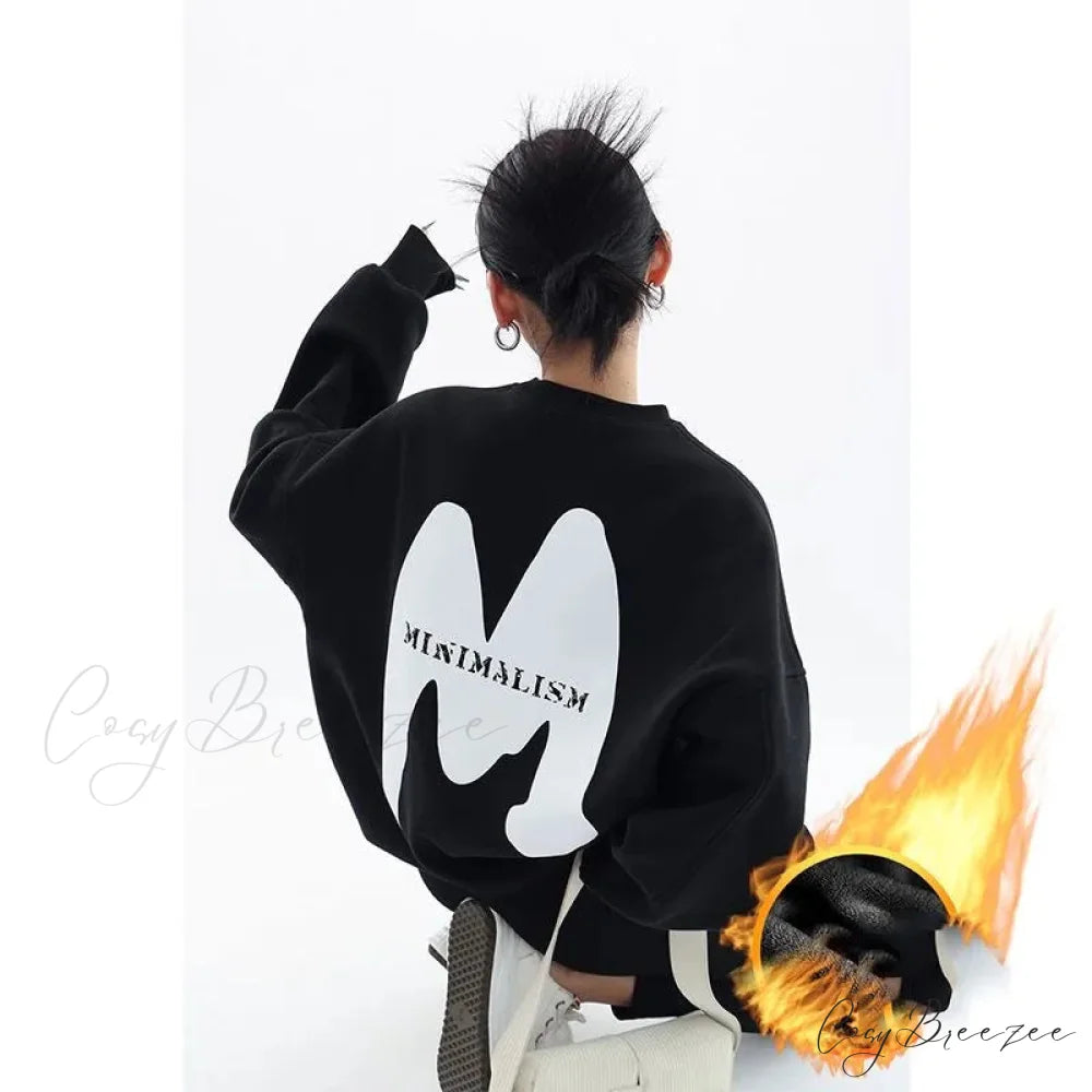 Printed Trendy Loose Casual Cozy Hoodie BLACK / M