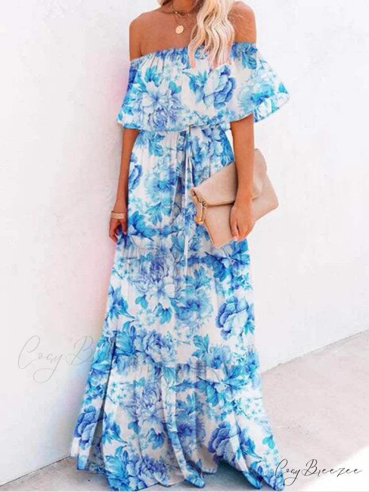 Printed Wrap Stylish Maxi Dress Sky Blue / S