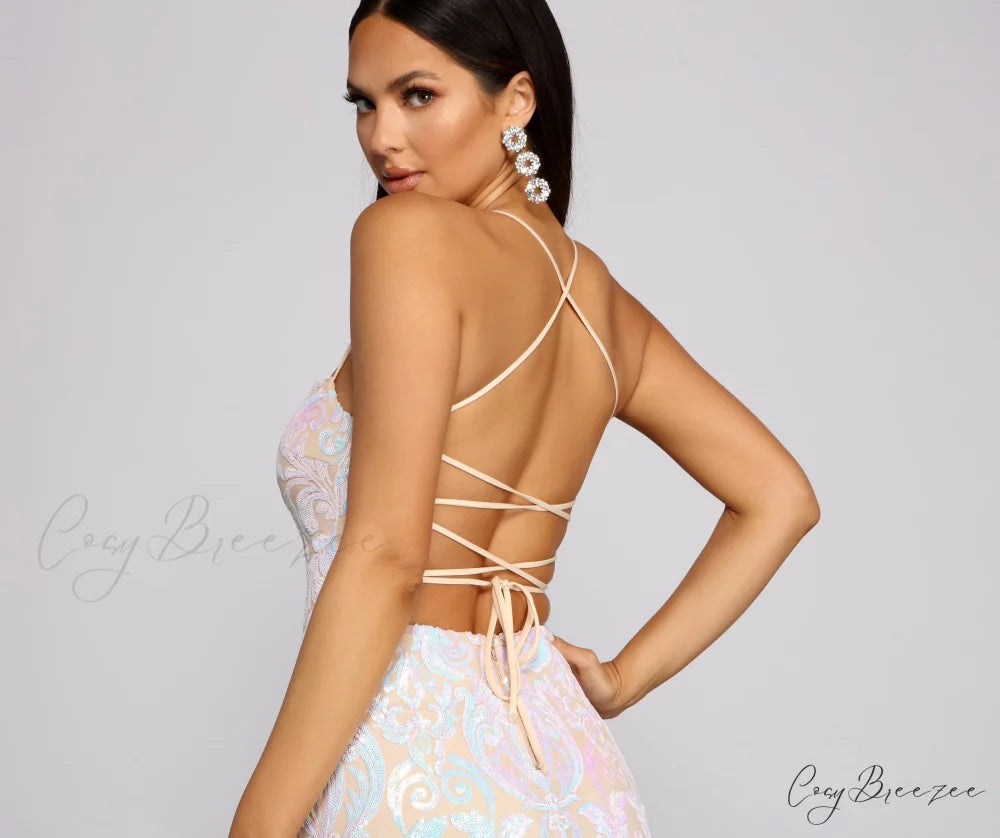 Priya Formal Iridescent Charming Sequin Scroll Dress