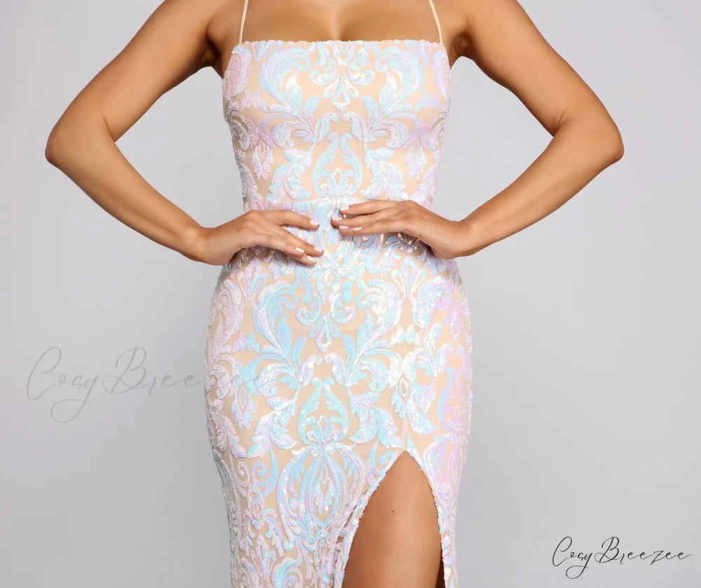 Priya Formal Iridescent Charming Sequin Scroll Dress