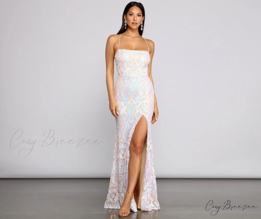 Priya Formal Iridescent Charming Sequin Scroll Dress WHITE / S