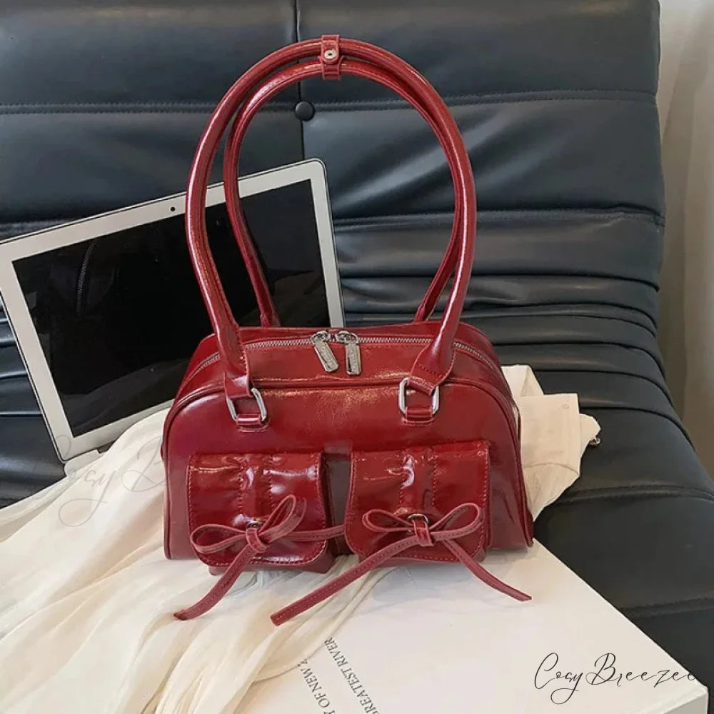 PU Leather Bow Shoulder Handbag shoulder-250126