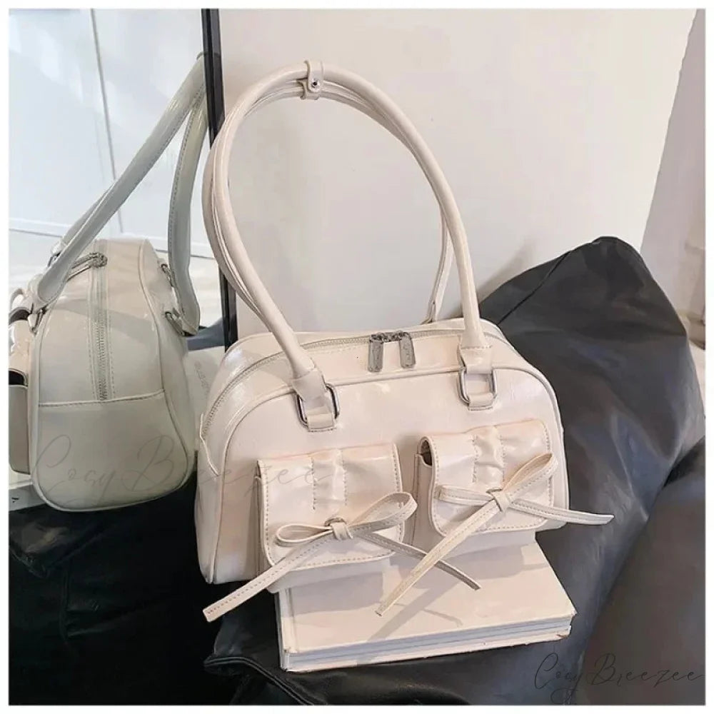PU Leather Bow Shoulder Handbag Beige / 30x17x10cm shoulder-250126