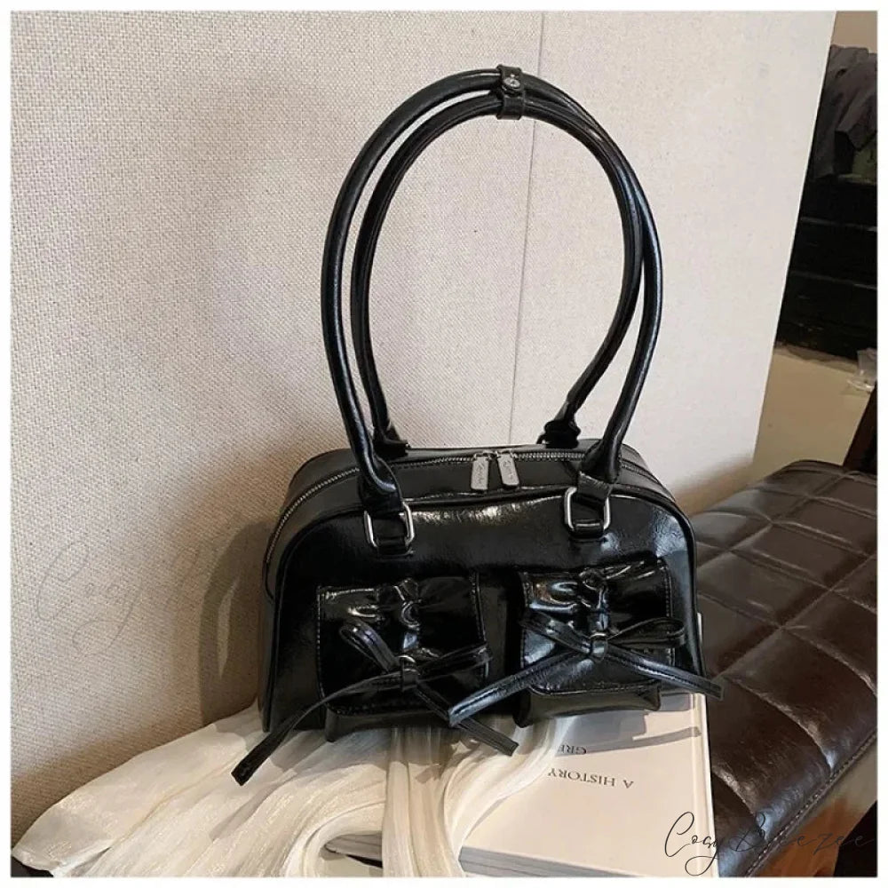 PU Leather Bow Shoulder Handbag Black / 30x17x10cm shoulder-250126