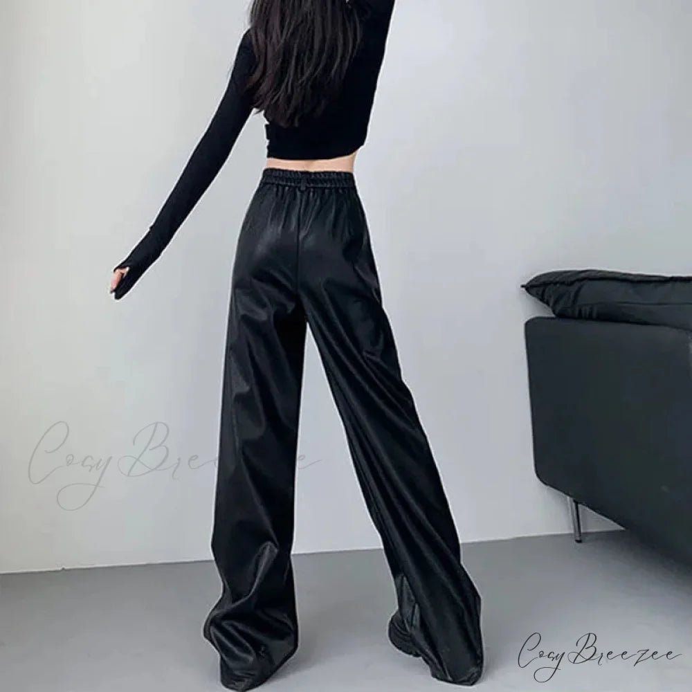 PU Leather Personality Loose Straight-Leg Casual Spring Autumn Fashion Pants