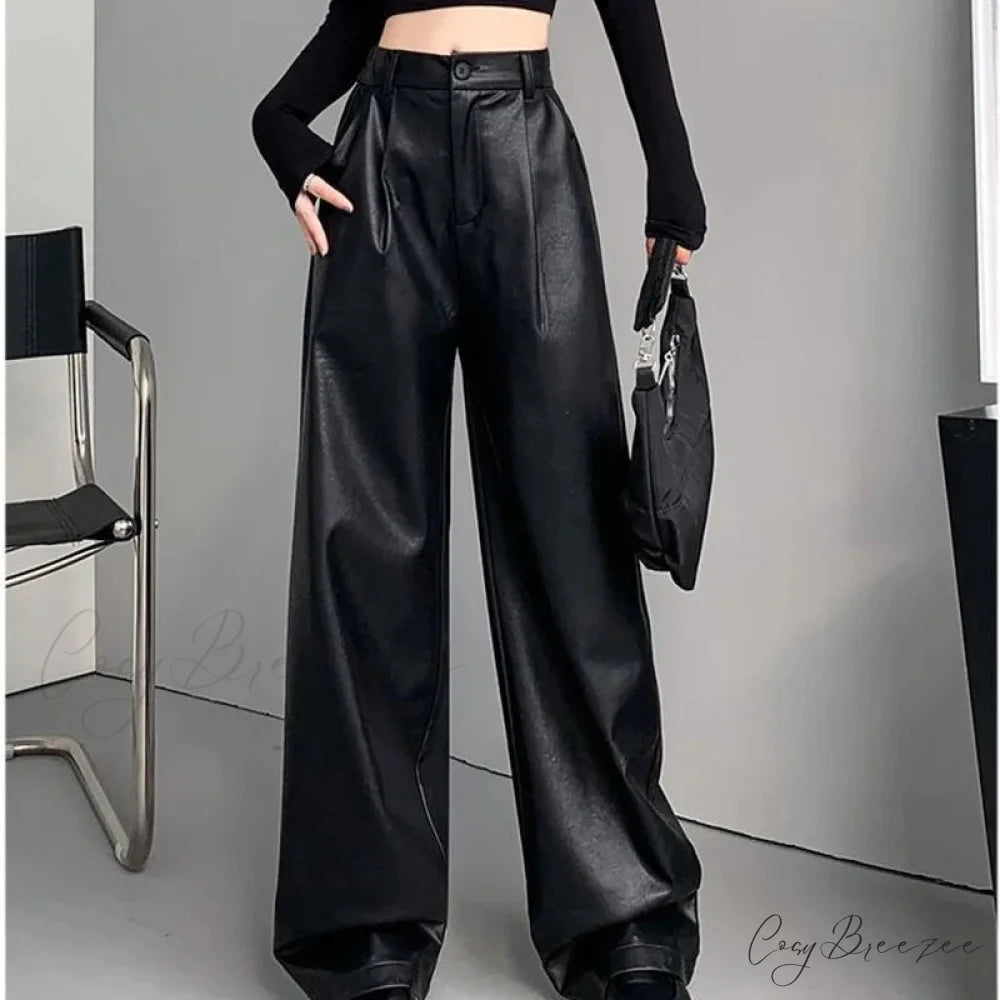 PU Leather Personality Loose Straight-Leg Casual Spring Autumn Fashion Pants