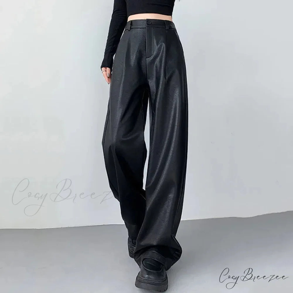 PU Leather Personality Loose Straight-Leg Casual Spring Autumn Fashion Pants Black / S