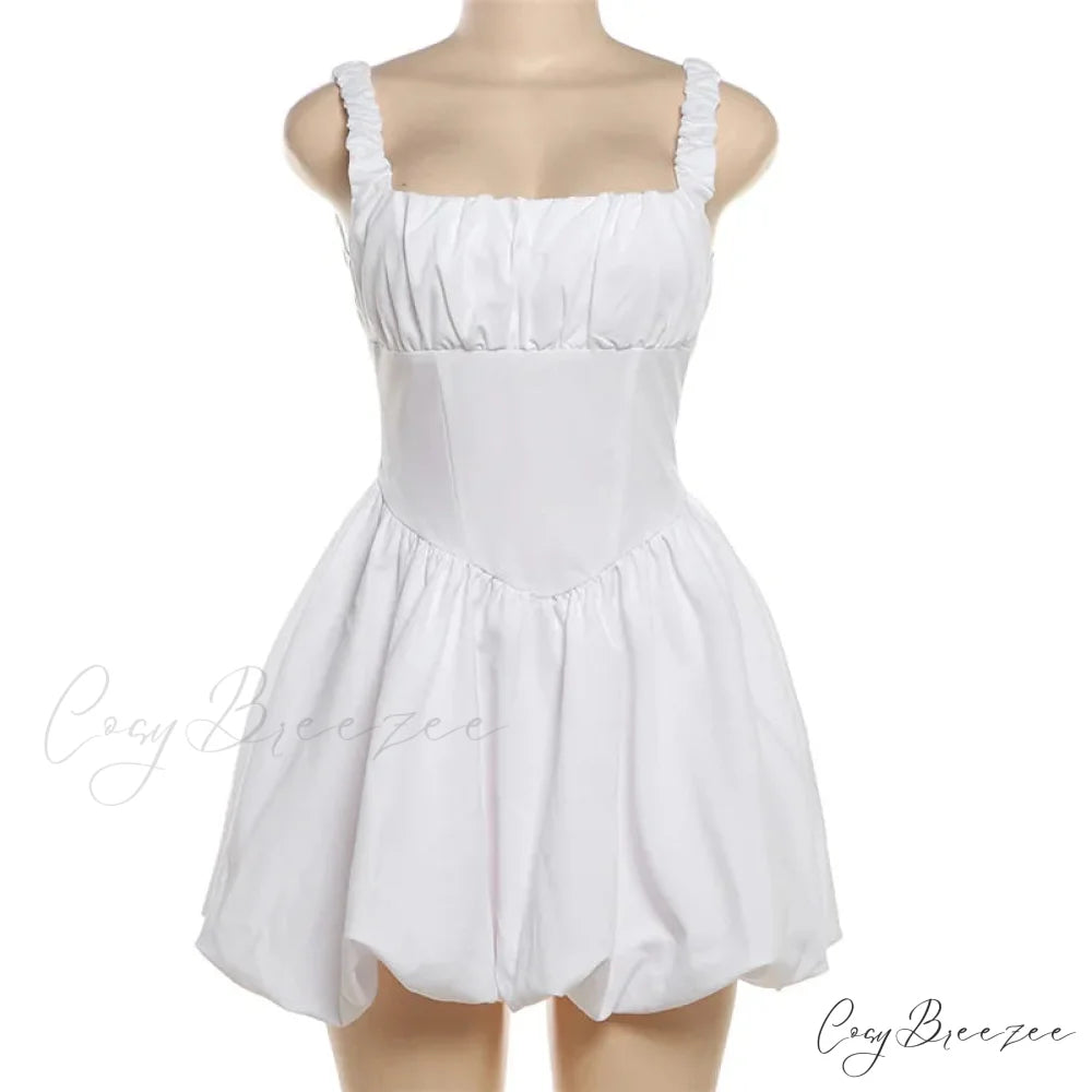 Puff Flare Square Charming Neck Strap Mini Dress