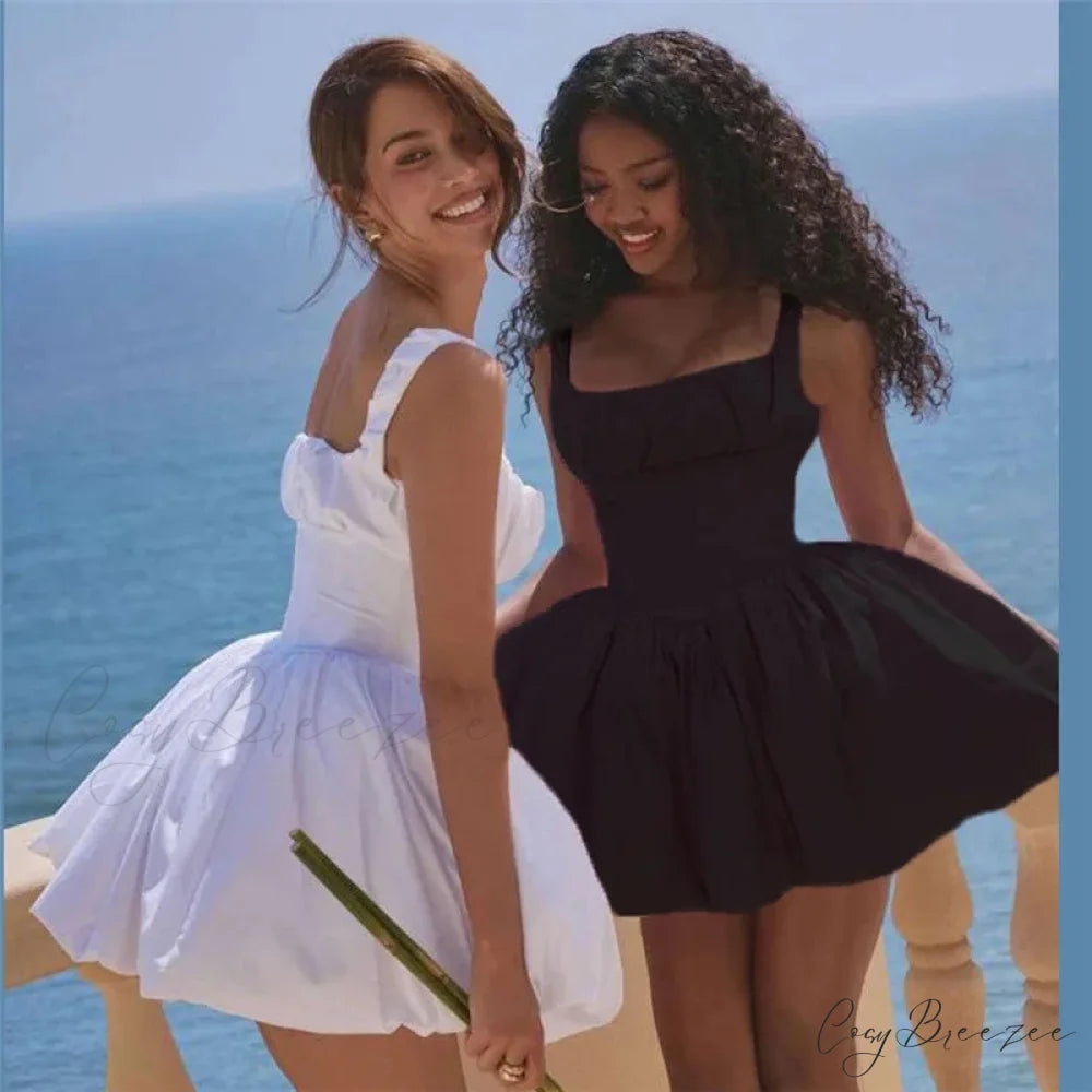 Puff Flare Square Charming Neck Strap Mini Dress