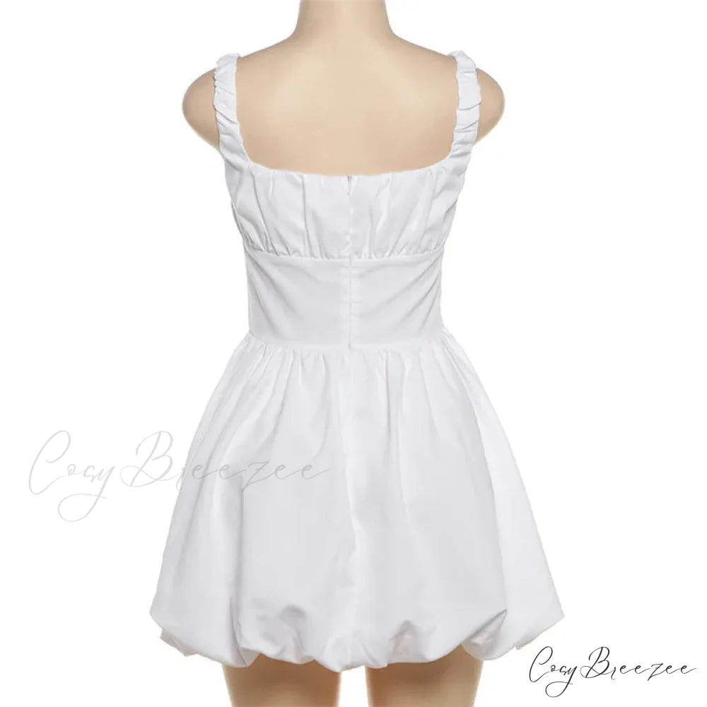 Puff Flare Square Charming Neck Strap Mini Dress