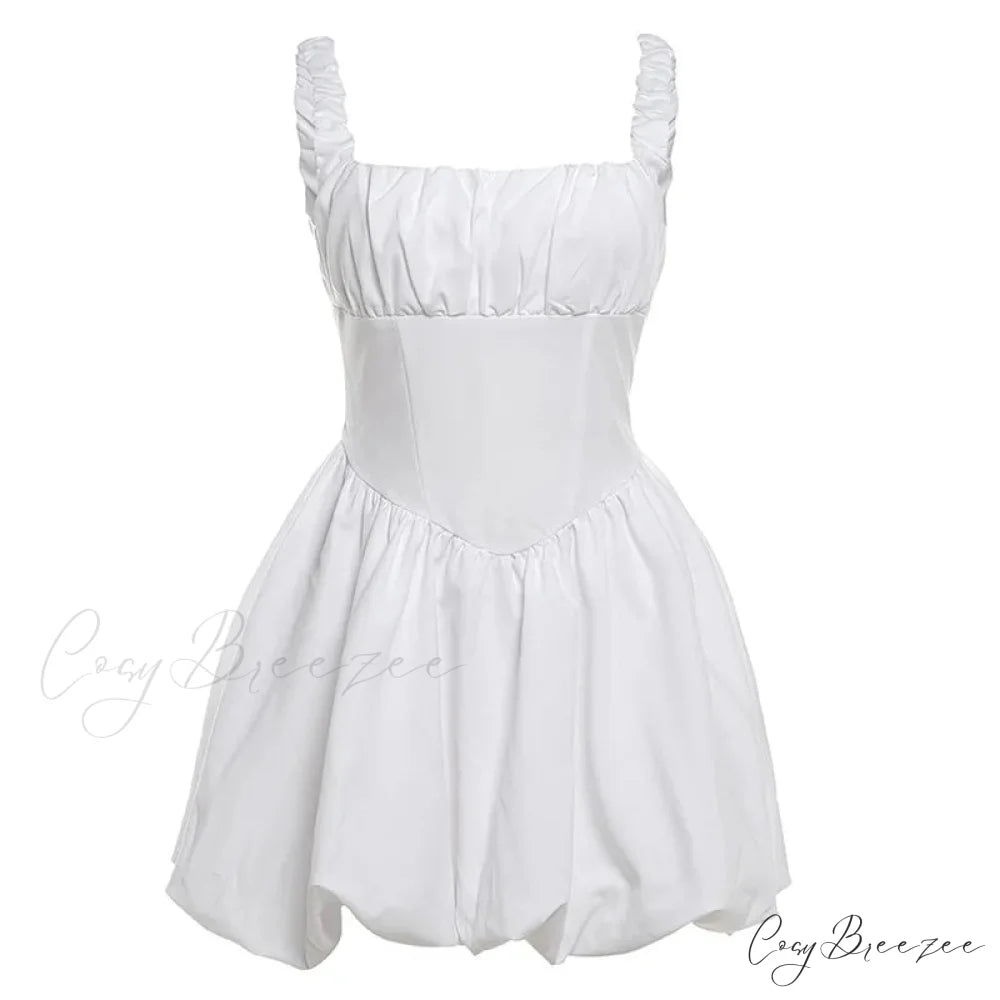 Puff Flare Square Charming Neck Strap Mini Dress White / M