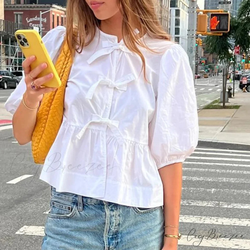 Puff Short Sleeve Peplum Tie Front Blouse blouse-250223
