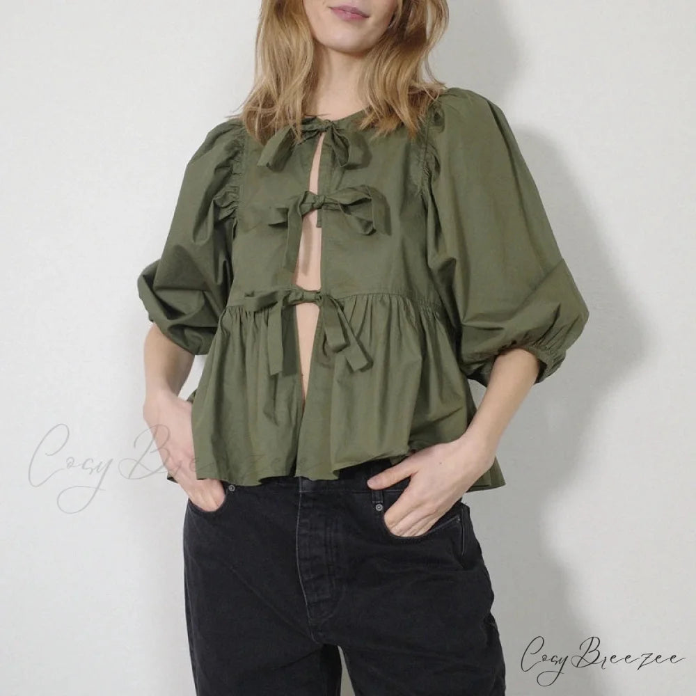 Puff Short Sleeve Peplum Tie Front Blouse army green / S blouse-250223