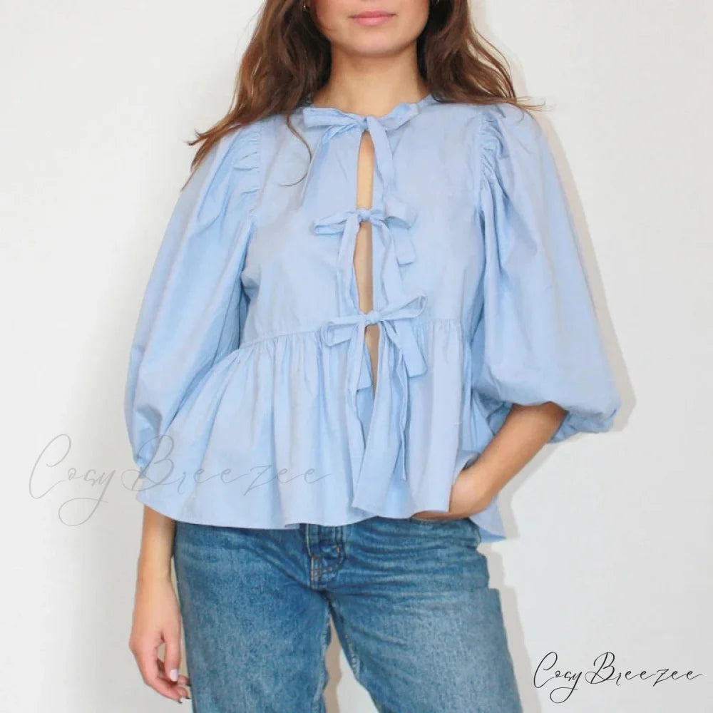 Puff Short Sleeve Peplum Tie Front Blouse Blue / S blouse-250223