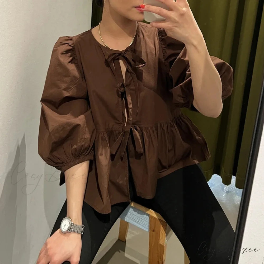 Puff Short Sleeve Peplum Tie Front Blouse Dark Brown / S blouse-250223