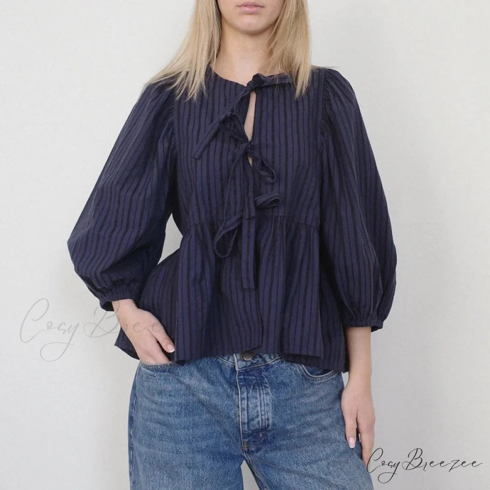 Puff Short Sleeve Peplum Tie Front Blouse DEEP BLUE / S blouse-250223