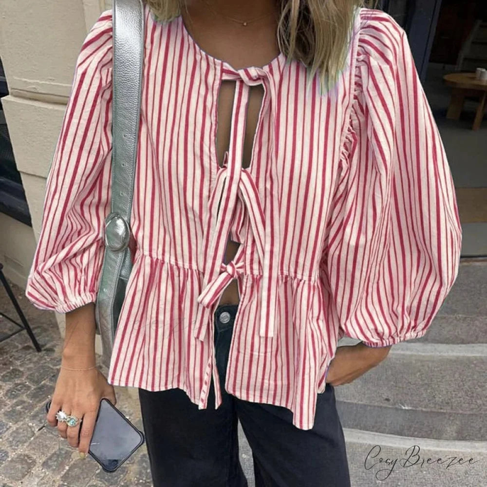 Puff Short Sleeve Peplum Tie Front Blouse Red / S blouse-250223