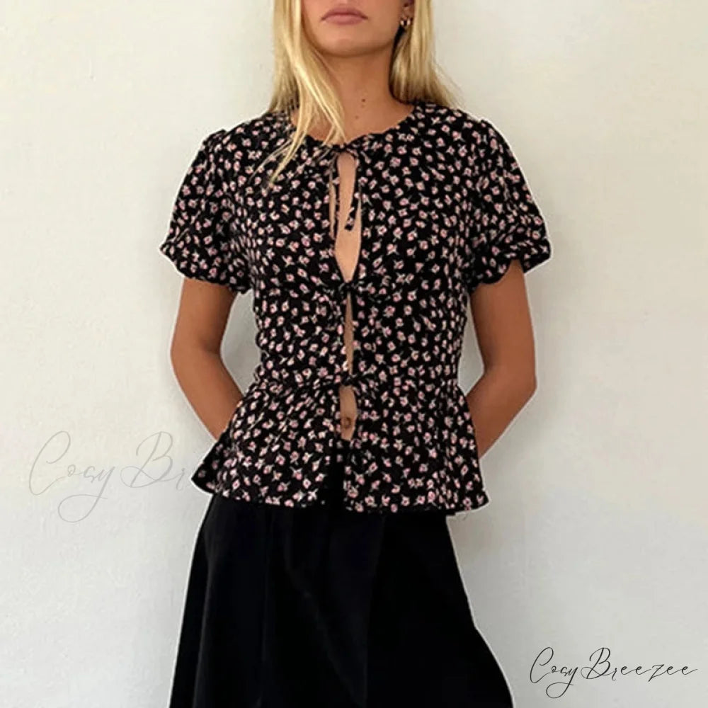 Puff Sleeve Bowknot Crop Top black / S croptop-250223