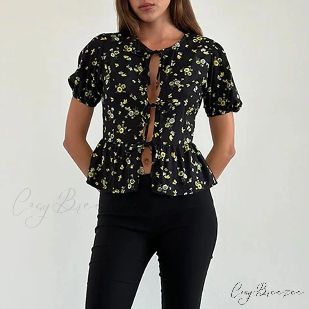 Puff Sleeve Bowknot Crop Top black1 / S croptop-250223