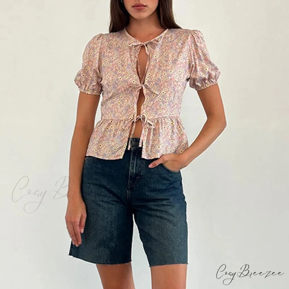Puff Sleeve Bowknot Crop Top pink / S croptop-250223