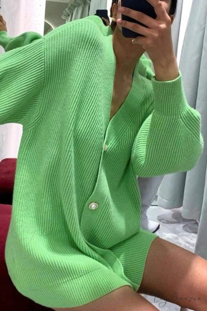 Puff Sleeve Cardigan with Pearl Buttons Green / L