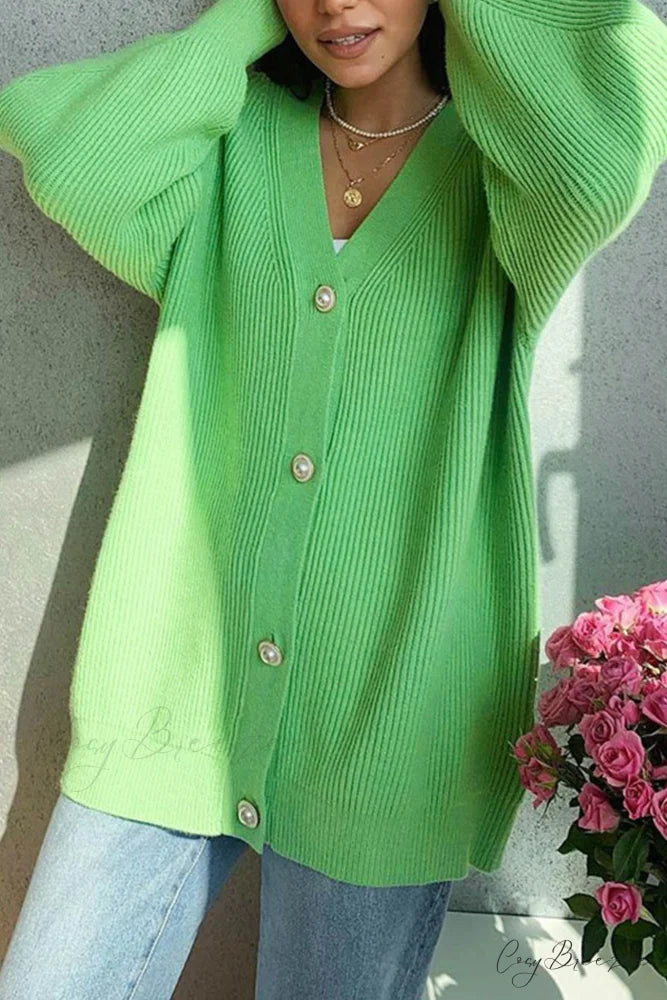 Puff Sleeve Cardigan with Pearl Buttons Green / S