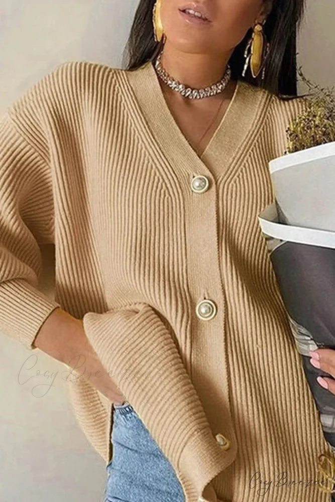 Puff Sleeve Cardigan with Pearl Buttons Khaki / S